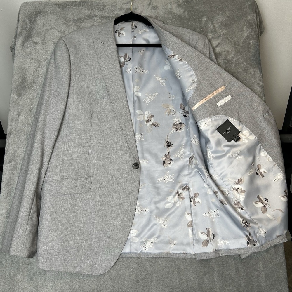 Primark Men's Gray Suit Blazer Slim Fit Sport Coat 1 Button Jacket Size 46R